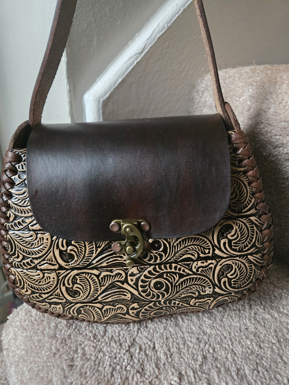 Hand-Tooled Brown Leather Crossbody Bag